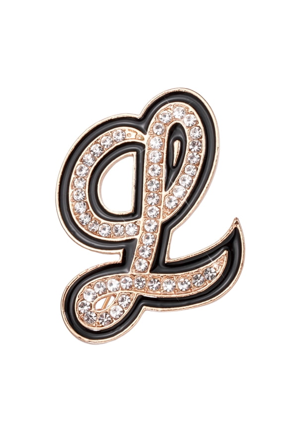 Rhinestone Letter Brooch Pins, Initial Letter L Broaches Metal Crystal Alphabet A-Z Lapel Pin Black Edge for Women Jewelry Gift Suit Clothes Hat Dress Coat Craft, Gold Tone