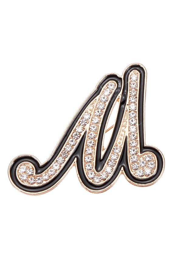 Rhinestone Letter Brooch Pins, Initial Letter M Broaches Metal Crystal Alphabet A-Z Lapel Pin Black Edge for Women Jewelry Gift Suit Clothes Hat Dress Coat Craft, Gold Tone