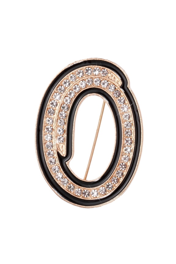 Rhinestone Letter Brooch Pins, Initial Letter O Broaches Metal Crystal Alphabet A-Z Lapel Pin Black Edge for Women Jewelry Gift Suit Clothes Hat Dress Coat Craft, Gold Tone