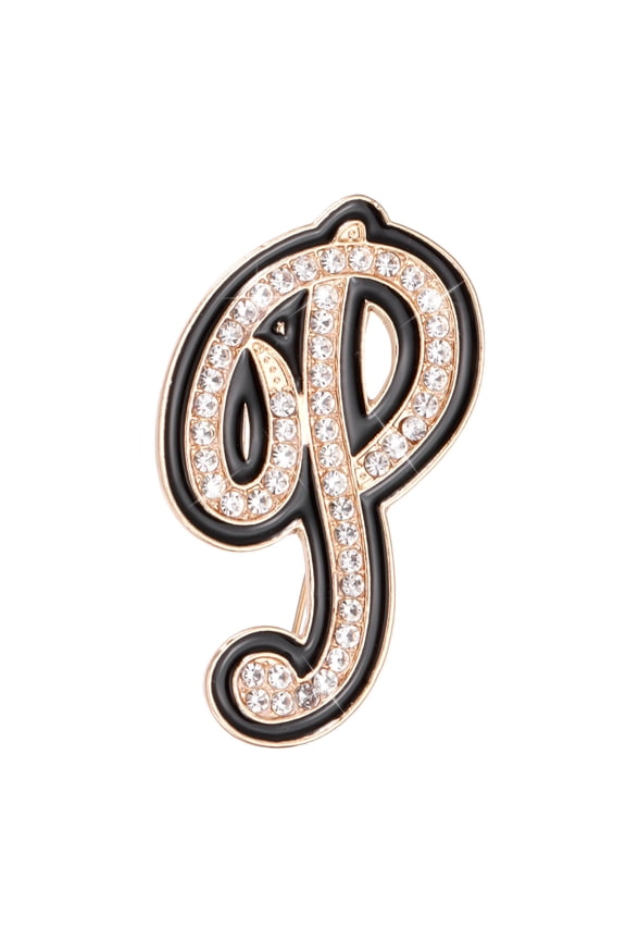 Rhinestone Letter Brooch Pins, Initial Letter P Broaches Metal Crystal Alphabet A-Z Lapel Pin Black Edge for Women Jewelry Gift Suit Clothes Hat Dress Coat Craft, Gold Tone