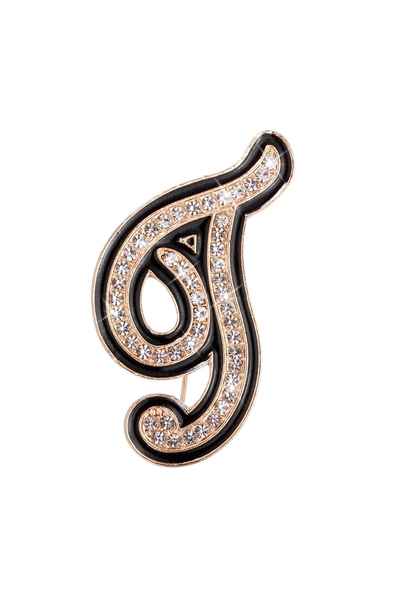 Rhinestone Letter Brooch Pins, Initial Letter T Broaches Metal Crystal Alphabet A-Z Lapel Pin Black Edge for Women Jewelry Gift Suit Clothes Hat Dress Coat Craft, Gold Tone