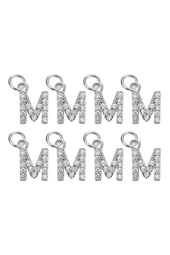 Rhinestone Letter Charm, 8 Pack 3.2mm Copper M Letter Charm Alphabet Pendants for DIY Bracelets, White Gold