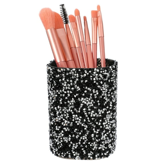 Uxcell Rhinestone Pen Organizer Holder, Glitter Cosmetics Storage Cup Makeup Brush Holder for Storage Home Office Decor, Round & Black White