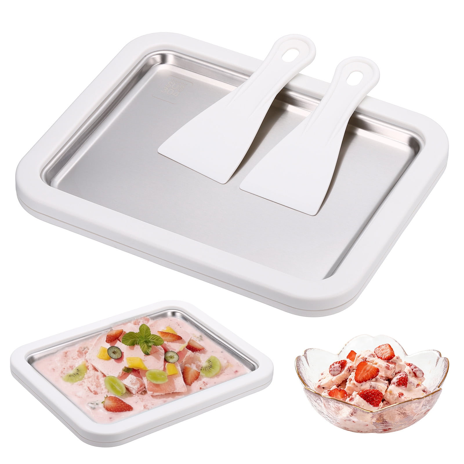 Uxcell Rolled Ice Cream Maker, Stainless Steel Ice Cream Roll Pan, No Electricity Required Instant Freeze Tray DIY Frozen Dessert Maker for Home Party Summer, White