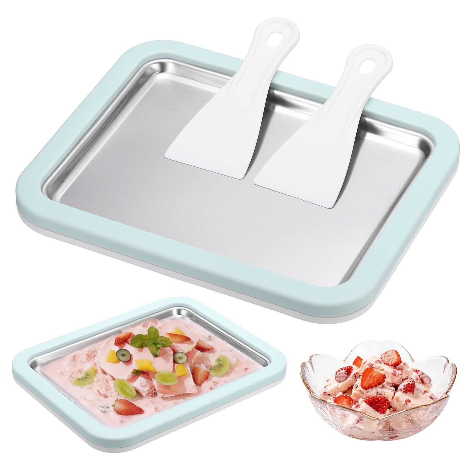 Uxcell Rolled Ice Cream Maker, Stainless Steel Ice Cream Roll Pan, No Electricity Required Instant Freeze Tray DIY Frozen Dessert Maker for Home Party Summer, Green