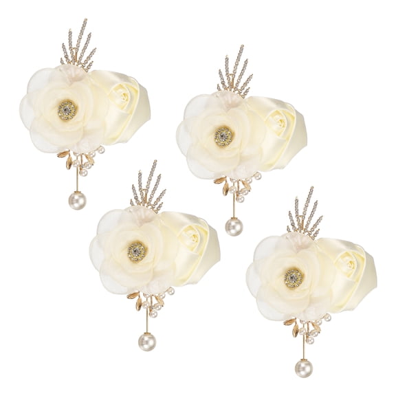 Uxcell Rose Boutonnieres for Men, 4 Pcs Mens Boutonnieres Lapel Flower with Pearl Artificial Silk Rose for Wedding Groom Groomsmen Ceremony Formal Events, Cream