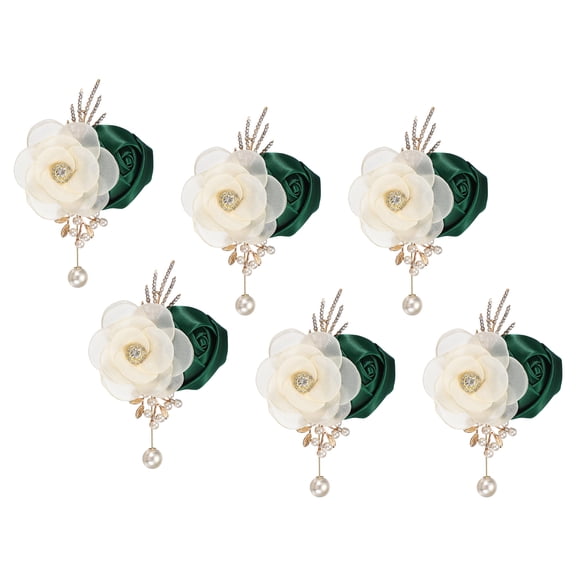 Uxcell Rose Boutonnieres for Men, 6 Pcs Mens Boutonnieres Lapel Flower with Pearl Artificial Silk Rose for Wedding Groom Groomsmen Ceremony Formal Events, Dark Green