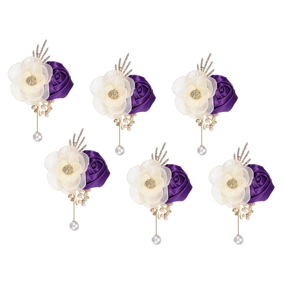 Uxcell Rose Boutonnieres for Men, 6 Pcs Mens Boutonnieres Lapel Flower with Pearl Artificial Silk Rose for Wedding Groom Groomsmen Ceremony Formal Events, Purple