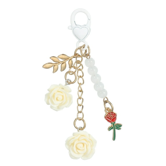 Uxcell Rose Keychain Pendant, Rose Flower Purse Charm for Handbags Floral Keyring with Chain Tassel for Women Girls Tote Bags White