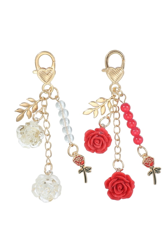 Rose Keychain Pendant, Rose Flower Purse Charm for Handbags Floral Keyring with Chain Tassel for Women Gold/Red