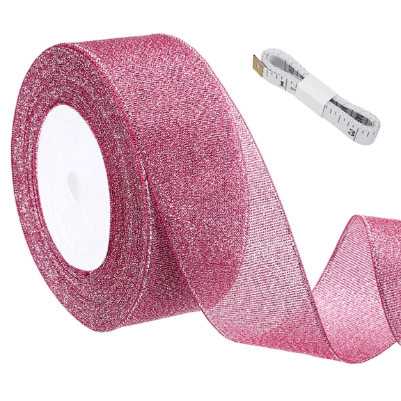 Uxcell Rose Red Glitter Ribbon (25 Yards, 1-4/7" Wide) with Silver Thread Sparkly Metallic Fabric Ribbons - Sparkly Practical, for Gift Wrapping Balloons Crafts DIY Decor Holiday