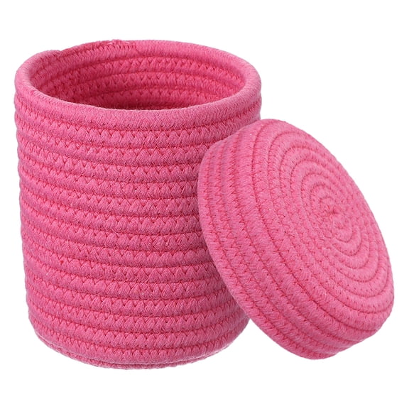 Uxcell Rose Red Small Cotton Rope Woven Storage Basket, Shelf Closet Storage Gift Woven Baskets Cute Nursery Box Bin Decor Organization Bin for Home Supply, Round with Lid, 5.8x5.6"