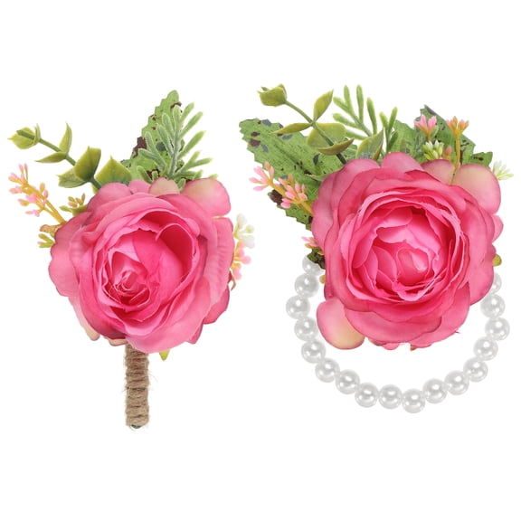 Uxcell Rose Wrist Corsage and Boutonnieres Set, Wedding Flower Wristlet Band Bracelet Rose Pink 2 Pcs