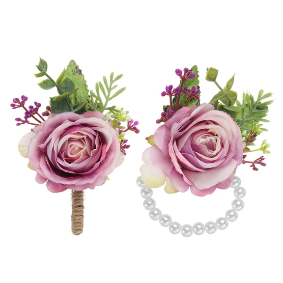 Uxcell Rose Wrist Corsage and Boutonnieres Set, Wedding Flower Wristlet Band Bracelet White Purple 2 Pcs