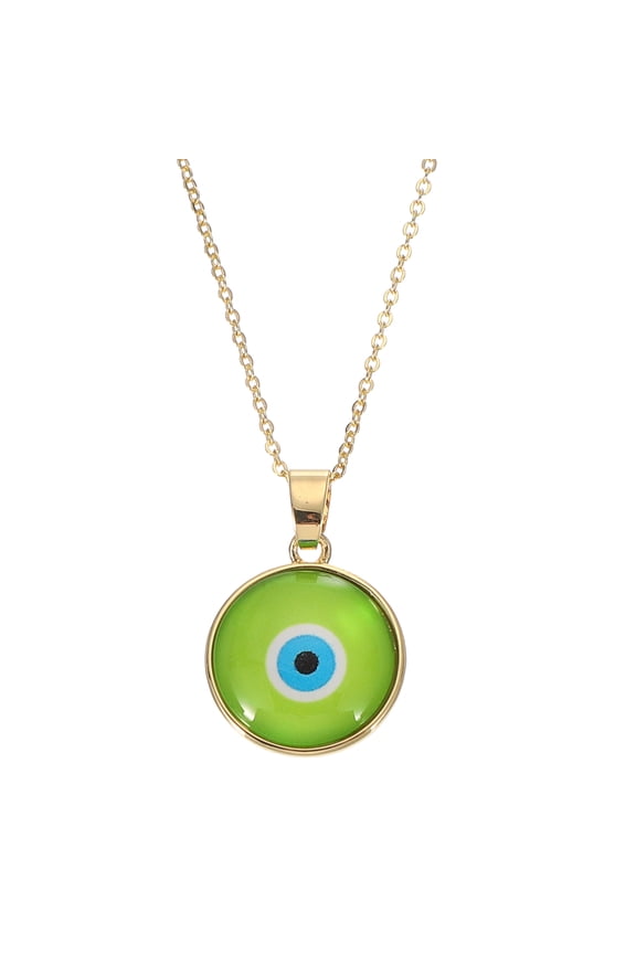 Round Evil Eye Charm Pendant, 16 Inch Long Necklace, Green