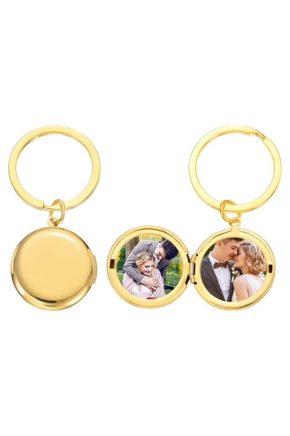 Round Locket Keychain for Women, Gold Retro Photo Locket Charm Stainless Steel Round Picture Pendant Key Chains with Gift Box for Birthday Wedding Valentine Gift, 27.5x27.5mm