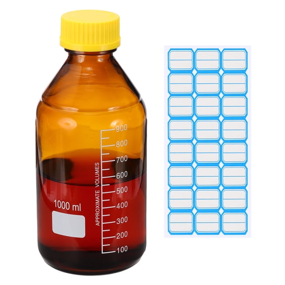 Uxcell Round Media Storage Bottles, 1000ml Thickened Glass Graduated Round Bottles with GL45 Yellow Screw Cap for Lab Water Reagent Liquids, Brown