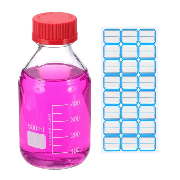 Uxcell Round Media Storage Bottles, 500ml Thickened Glass Graduated Round Bottles with GL45 Red Screw Cap for Lab Water Reagent Liquids, Clear