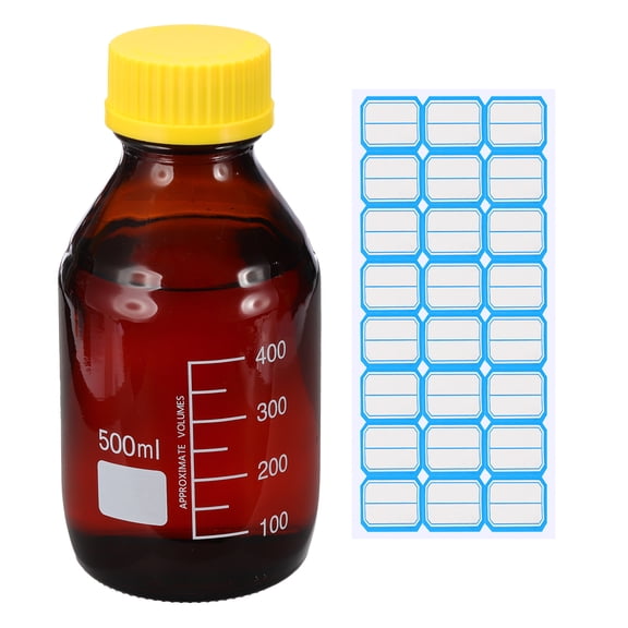Uxcell Round Media Storage Bottles, 500ml Thickened Glass Graduated Round Bottles with GL45 Yellow Screw Cap for Lab Water Reagent Liquids, Brown