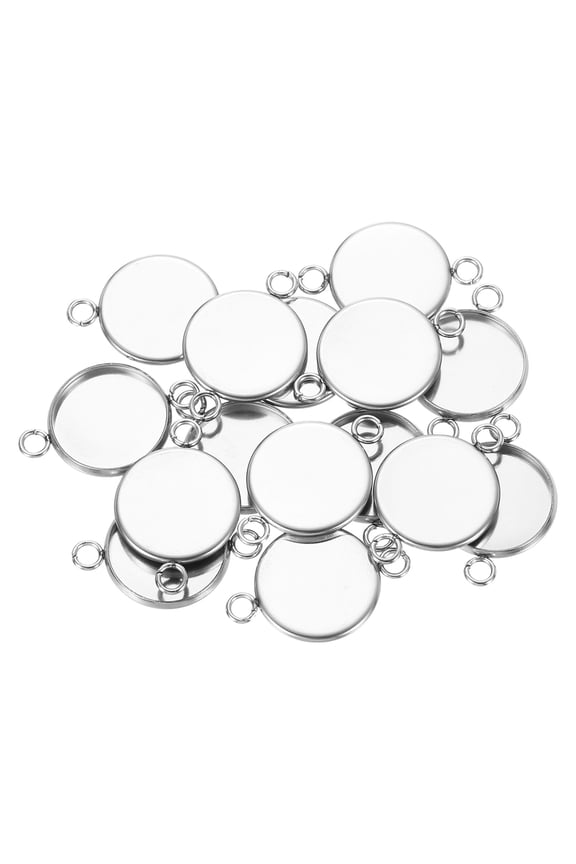 Round Pendant Blank Tray, 20Pcs 14mm - Stainless Steel Cabochons Setting Blank Connector Base (Silver)