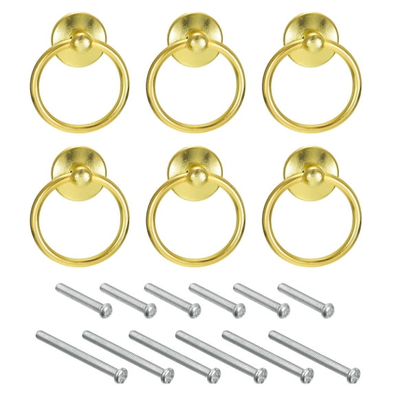 Uxcell Round Ring Pulls, 6Pcs Drawers Knobs Gold Circle Drawer Handles Single Hole for Dresser Cupboard Wardrobe