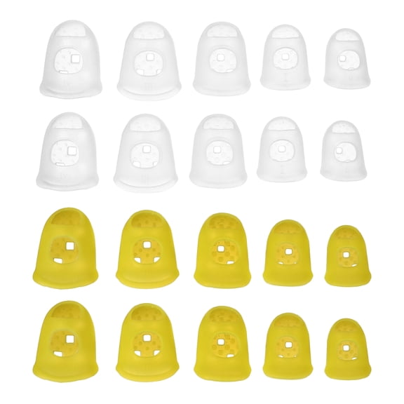 Uxcell Rubber Finger Tips Office 5 Sizes, 20 Pcs Guitar Fingertip Protector Silicone Thimbles for Hand Sewing Paper Sorting Money Counting Guitar Playing, Semi-Transparent/Yellow