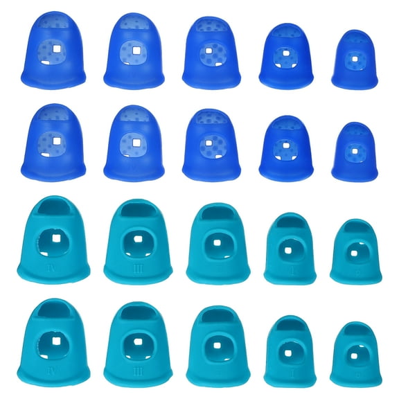 Uxcell Rubber Finger Tips Office 5 Sizes, 20 Pcs Guitar Fingertip Protector Silicone Thimbles for Hand Sewing Paper Sorting Money Counting Guitar Playing, Light Blue/Dark Blue