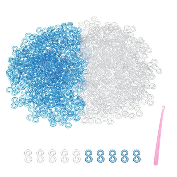 Uxcell S Clips for Loom Bracelets, Rubber Band Bracelet Clip Clear Plastic Connectors Refills Kit with Pink Crochet Hook for Loom Bracelets Making DIY(Blue/White, Pack of 1000)