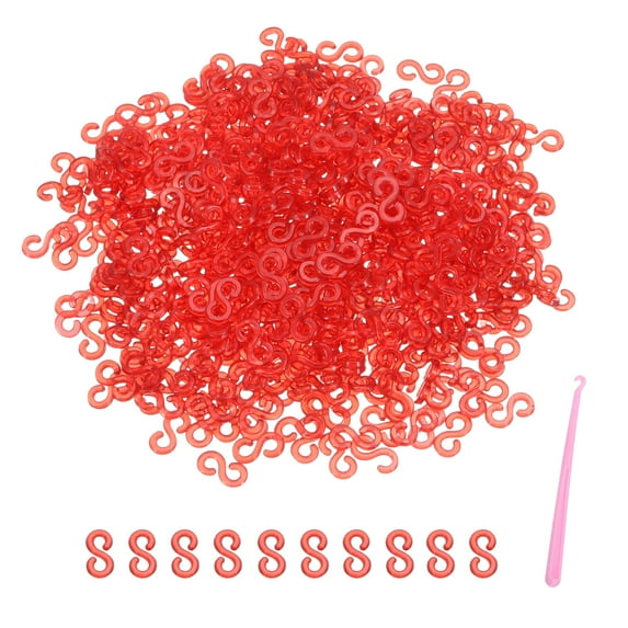 Uxcell S Clips for Loom Bracelets, Rubber Band Bracelet Clip Clear Plastic Connectors Refills Kit with Pink Crochet Hook for Loom Bracelets Making DIY(Red, Pack of 1000)