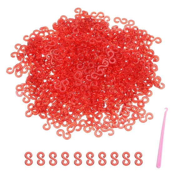 Uxcell S Clips for Loom Bracelets, Rubber Band Bracelet Clip Clear Plastic Connectors Refills Kit with Pink Crochet Hook for Loom Bracelets Making DIY(Red, Pack of 1000)