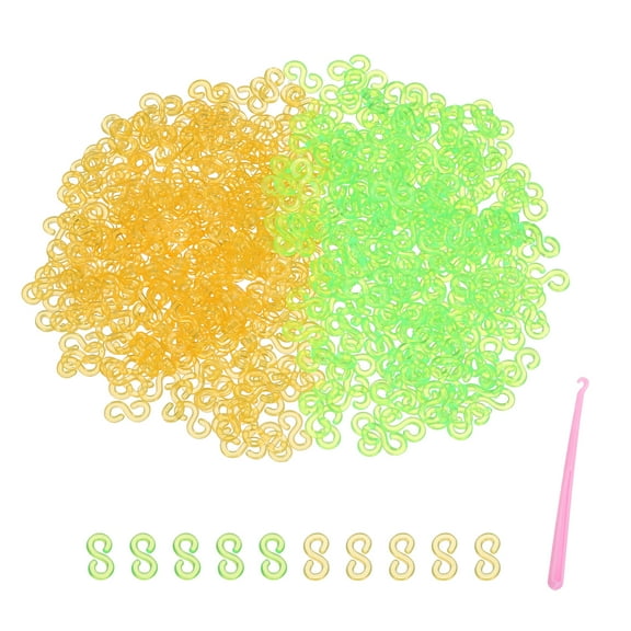 Uxcell S Clips for Loom Bracelets, Rubber Band Bracelet Clip Clear Plastic Connectors Refills Kit with Pink Crochet Hook for Loom Bracelets Making DIY(Yellow/Green, Pack of 1000)