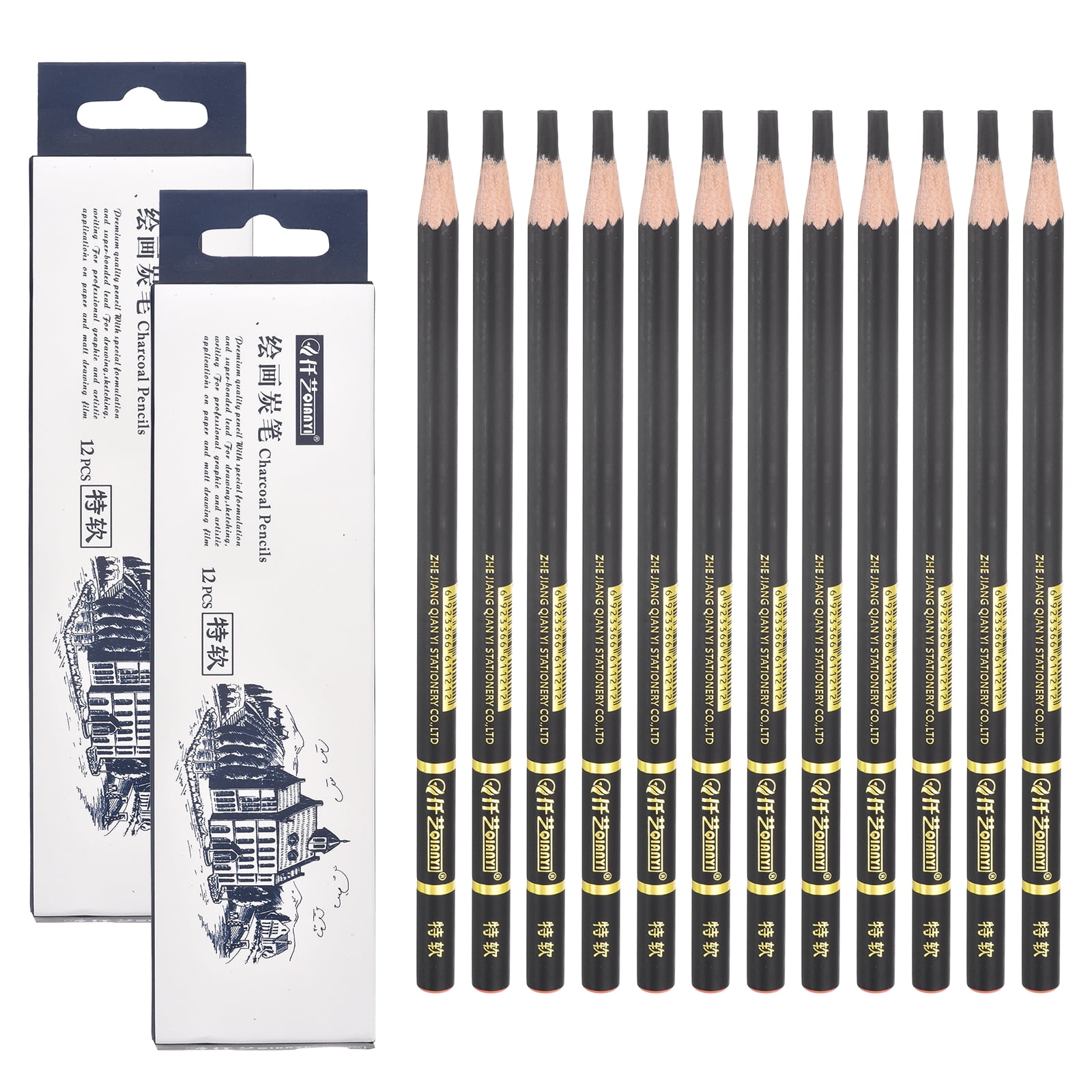 Uxcell S.Soft Charcoal Pencils for Drawing, 24Pcs Professional Charcoal Pencils Art Supplies Set Oily Black Break-Resistant for Sketching Artists Beginners Shading Blending