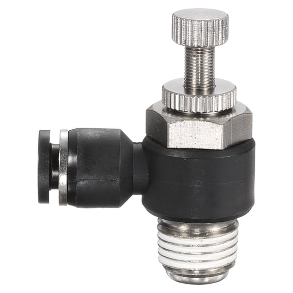 Uxcell SL1/4-NPT1/4 Air Flow Control Valve Push to Connect Fitting 1/4 Inch OD 1/8 Inch NPT 90 Degree Elbow Air Hose Control Valve Fitting Push Lock, Black