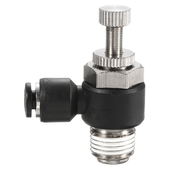 Uxcell SL4-NPT1/4 Air Flow Control Valve Push to Connect Fitting 1/4 Inch OD 1/8 Inch NPT 90 Degree Elbow Air Hose Control Valve Fitting Push Lock, Black