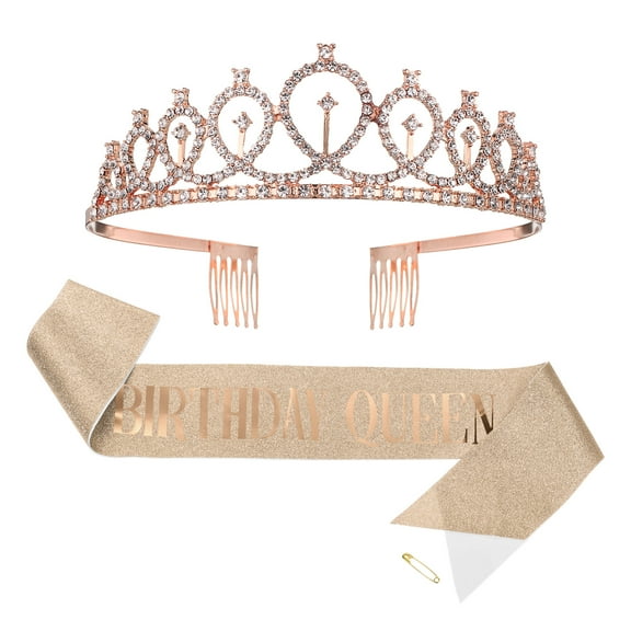 Uxcell Sash and Rhinestone Crown Set, 1 Set Birthday Sash and Tiara Birthday Decoration Kit Pink/Rose Gold, (Queen)