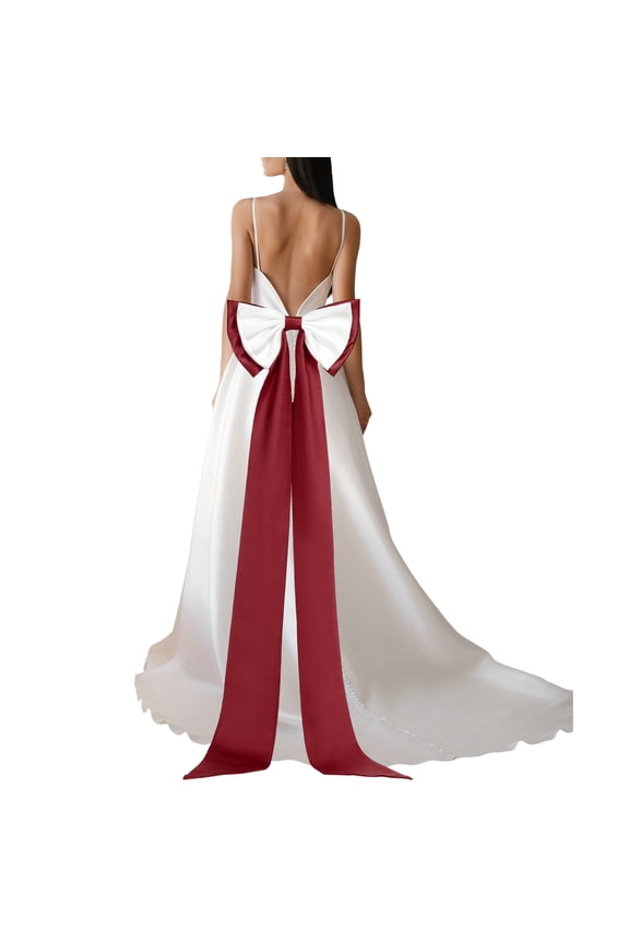 Satin Big Bow for Wedding Dresses, Long Detachable Satin Bow Sweep Train for Formal Dress - 59 Inch & Burgundy/White
