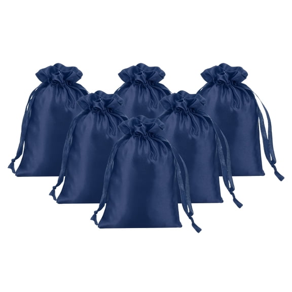 Uxcell Satin Gift Bags, 6 Pcs 6 x 4 Inch Wedding Favor Drawstring Bags with Drawstring for Birthday Christmas Jewelry Party, Dark Blue