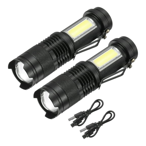 Uxcell Scalable LED Flashlight with Side Lantern, White Light USB Recharging, Black 2Set