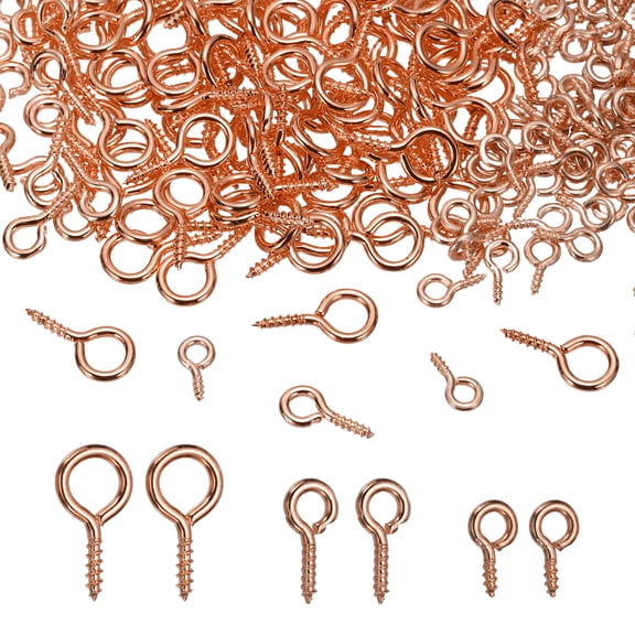 Uxcell Screw Eye Pins Set, 600Pcs 3 Size Metal Threaded Small Eye Pin Clasp Hooks Mini Hoop Peg Self Tapping Screw for Jewelry Making DIY Art Crafts Bead Charms, Rose Gold