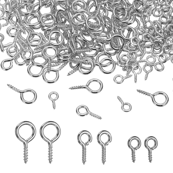 Uxcell Screw Eye Pins Set, 600Pcs 3 Size Metal Threaded Small Eye Pin Clasp Hooks Mini Hoop Peg Self Tapping Screw for Jewelry Making DIY Art Crafts Bead Charms, Light Silver