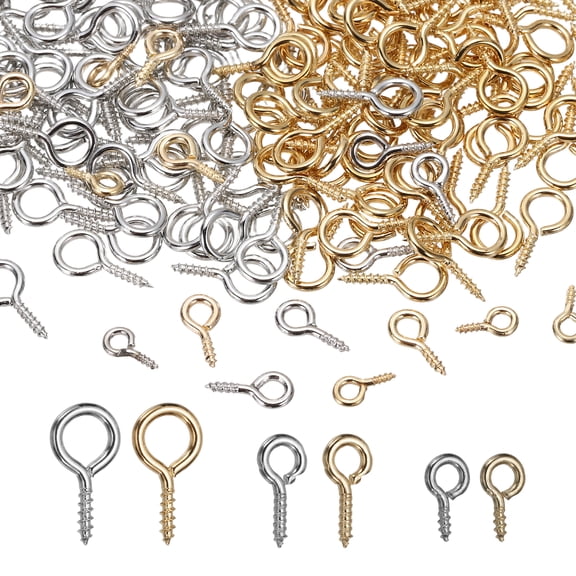 Uxcell Screw Eye Pins Set, 600Pcs 3 Size Metal Threaded Small Eye Pin Clasp Hooks Mini Hoop Peg Self Tapping Screw for Jewelry Making DIY Art Crafts Bead Charms, Light Silver/Light Gold