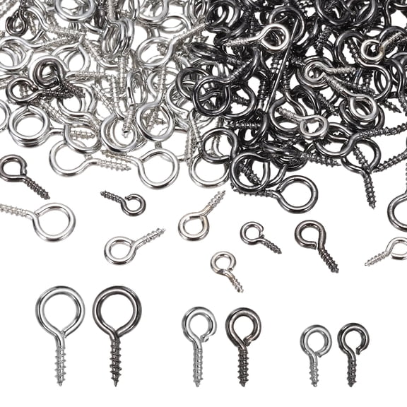 Uxcell Screw Eye Pins Set, 600Pcs 3 Size Metal Threaded Small Eye Pin Clasp Hooks Mini Hoop Peg Self Tapping Screw for Jewelry Making DIY Art Crafts Bead Charms, Light Silver/Grey Black