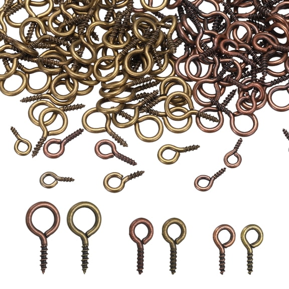 Uxcell Screw Eye Pins Set, 600Pcs 3 Size Metal Threaded Small Eye Pin Clasp Hooks Mini Hoop Peg Self Tapping Screw for Jewelry Making DIY Art Crafts Bead Charms, Red Copper Color/Bronze