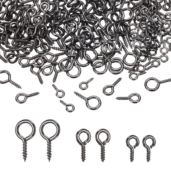 Uxcell Screw Eye Pins Set, 600Pcs 3 Size Metal Threaded Small Eye Pin Clasp Hooks Mini Hoop Peg Self Tapping Screw for Jewelry Making DIY Art Crafts Bead Charms, Grey Black