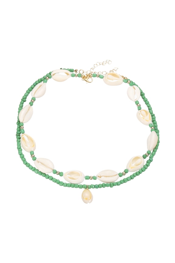 Sea Shell Necklace for Women, Handmade Summer Bead Beach Shell Charm Bead Necklace Layered Adjustable Boho Beach Jewelry for Vacation Gift (Green, Pack of 2)
