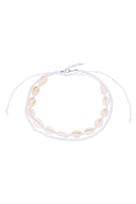 Sea Shell Necklace for Women, Handmade Summer Bead Beach Shell Charm Braided Rope Bead Necklace Layered Adjustable Boho Beach Jewelry for Vacation Gift (White, Pack of 2)