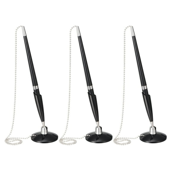 Uxcell Secure Pen with Chain and Adhesive Pen Holder, 3 Pcs Reception Counter Desk Pen for Office Bank Hotel Lobby, Black