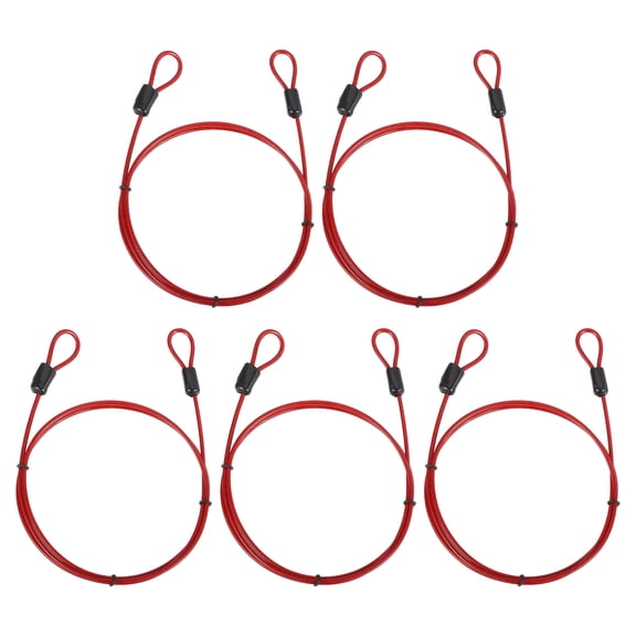 Uxcell Security Cable (3.3ft x 3/32", Red)(5 Pcs) Braided Stainless Steel Safety Cable Wire Ropes Luggage Lock with Double Loops, Suit for - Suitcase/Bicycle/Cabinets