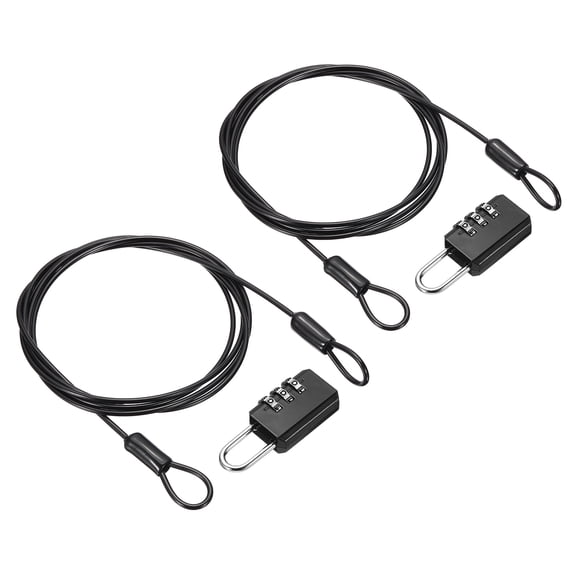 Uxcell Security Cable with 3 Digit Combination Lock, (4.92ft x 3/32", Black)(2Set), Braided Stainless Steel Safety Cable Wire Rope with Double Loop, Suit for Suitcase/Bicycle/Cabinets