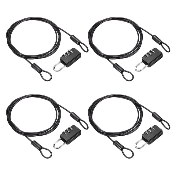 Uxcell Security Cable with 3 Digit Combination Lock, (4.92ft x 3/32", Black)(4Set), Braided Stainless Steel Safety Cable Wire Rope with Double Loop, Suit for Suitcase/Bicycle/Cabinets
